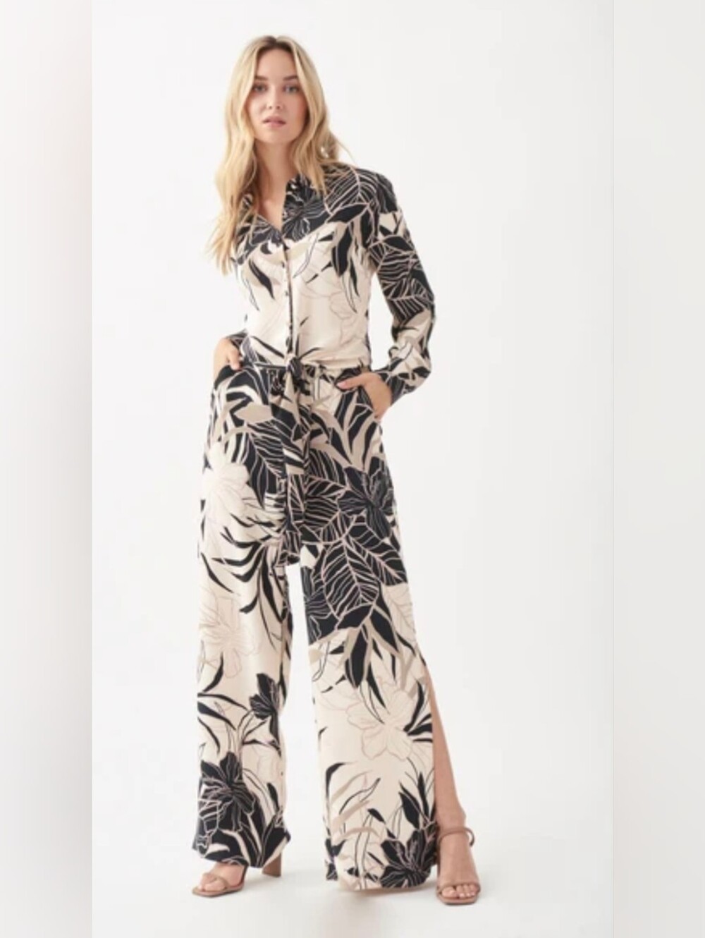 Joseph Ribkoff Beige Tropical Print Set - Tie Front Blouse Wide Leg Pant sz 12